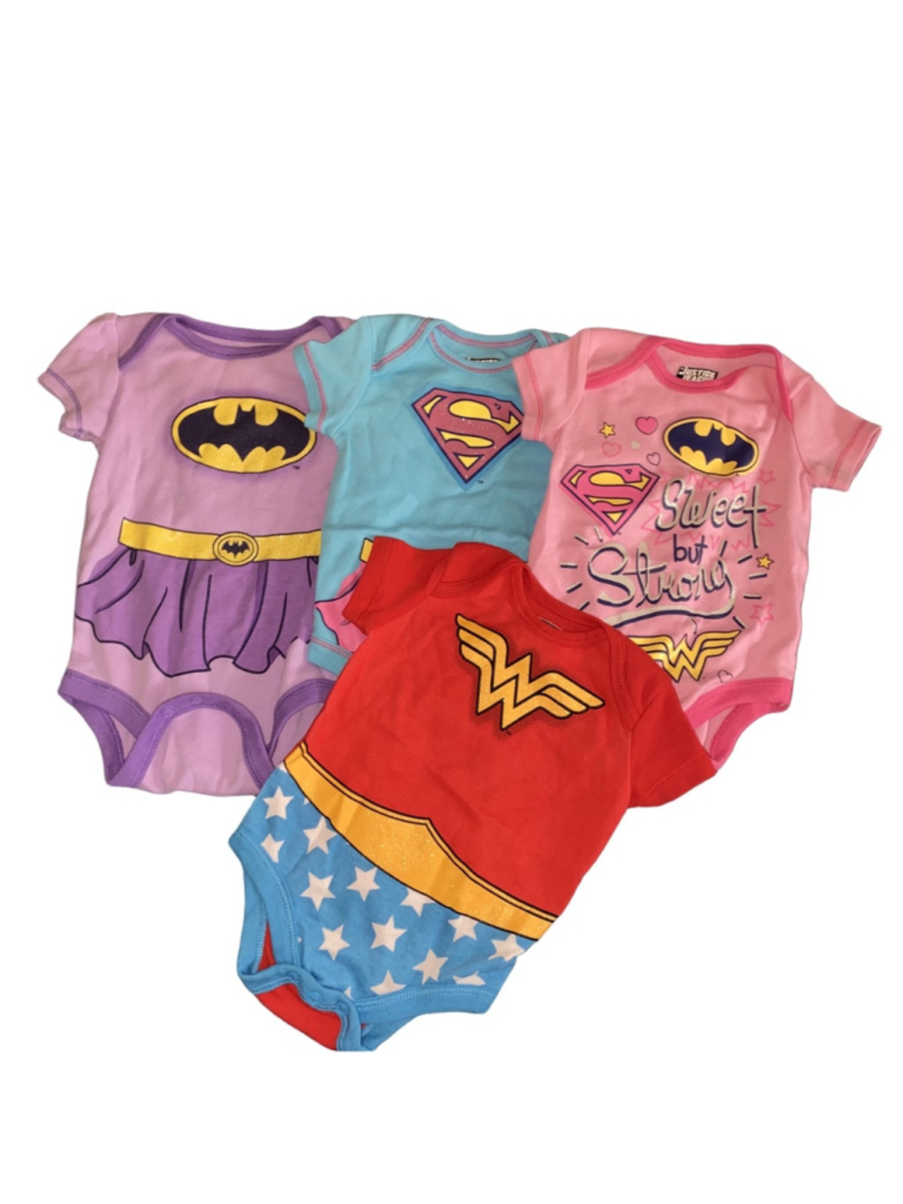 Baby Justice League Bodysuits 0-3 Months Super Girl, Bat Girl, Wonder Woman NWOT